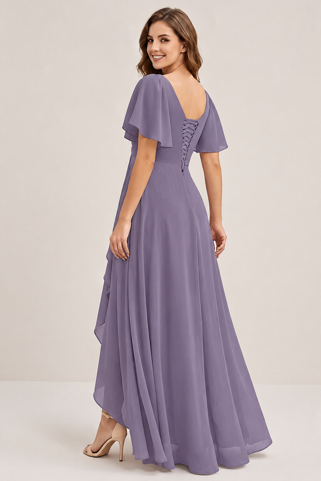 Dusty Blue Chiffon Bridesmaid Dress with Flutter Sleeves & High-Low Hem