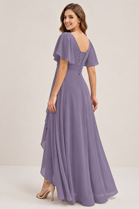 Dusty Blue Chiffon Bridesmaid Dress with Flutter Sleeves & High-Low Hem