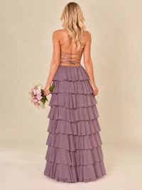 Ruffled Tiered Chiffon Prom Dress Spaghetti Straps Formal Maxi Dress with Slit