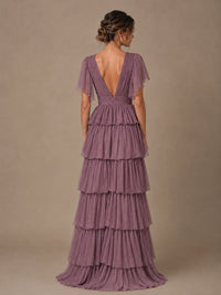 Chiffon V-Neck Tiered Ruffle Bridesmaid Dress with Slit