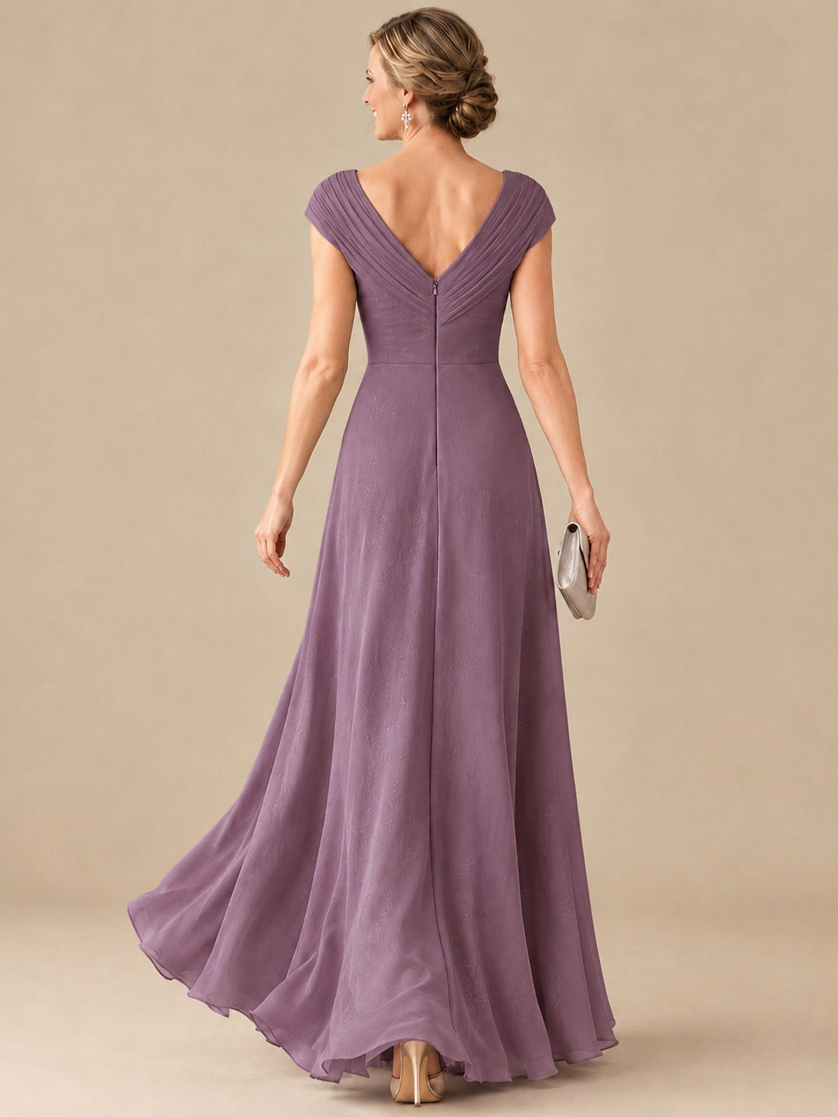 Pleated Chiffon Lace Mother of The Bride Dresses with Beading Cap Sleeves