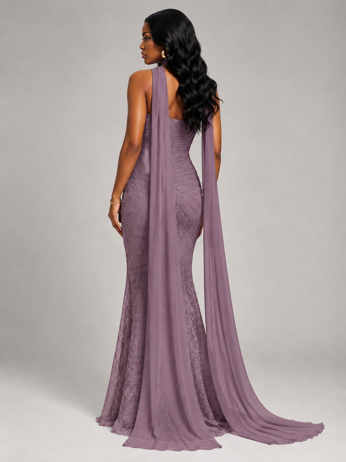 Pleated Chiffon Lace Prom Dresses Long Bodycon Mermaid with Scarf
