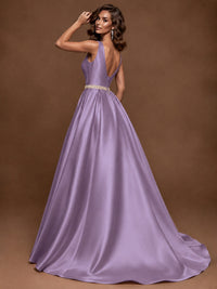 Satin A-Line Prom Dress Sleeveless Beaded Waist Formal Gown with Pockets