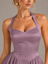 Light Yellow Halter Neck Satin A-Line Maxi Dress with Pockets