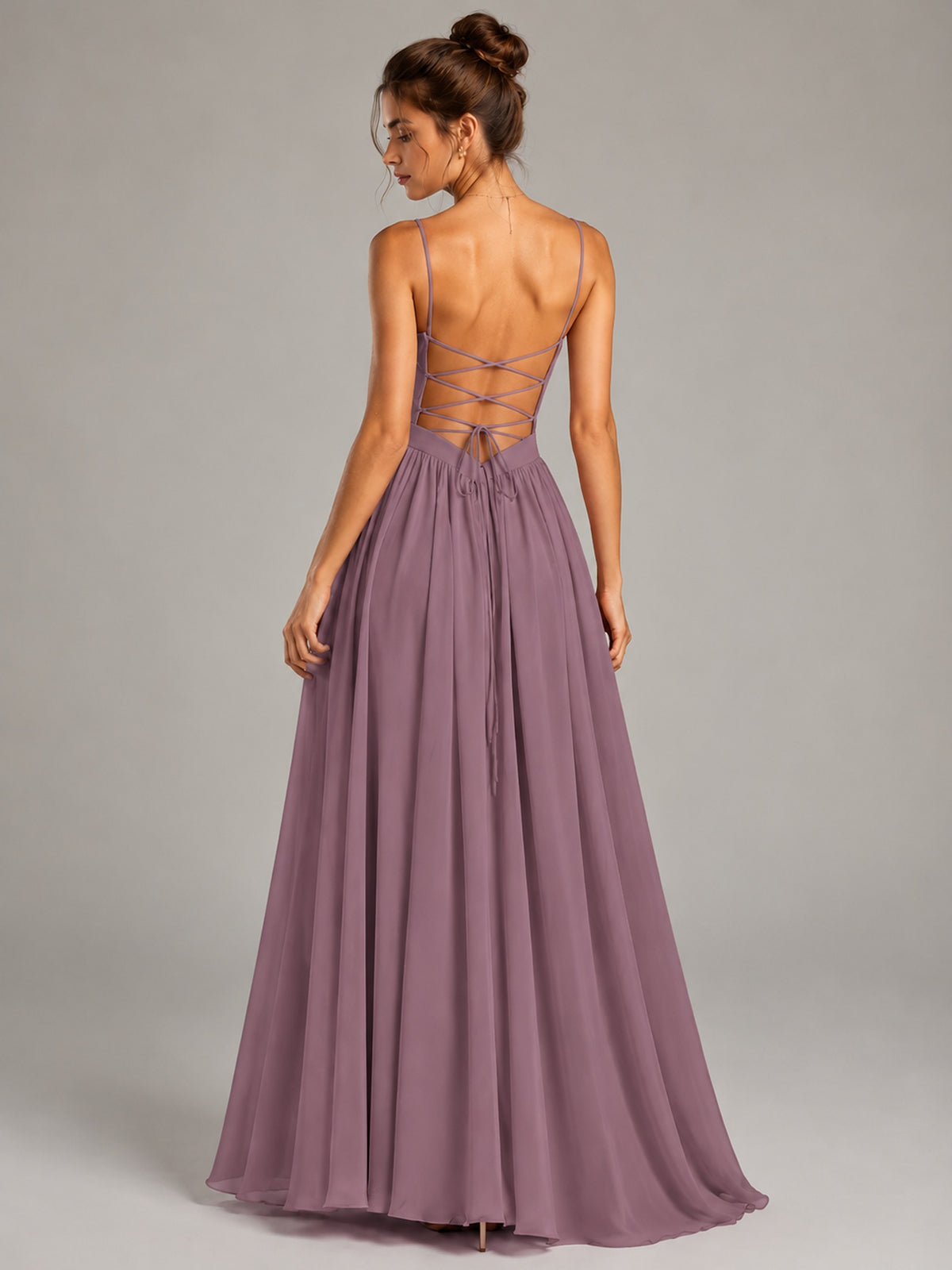 Spaghetti Strap Ruched Chiffon Maxi Dress with Backless