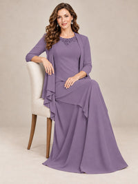 Dusty Blue Two-Piece Chiffon Mother of the Bride Dress with Jacket