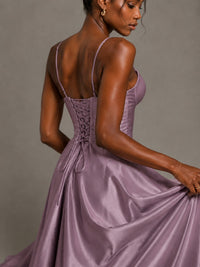 Lavender V Neck Satin Prom Dress with Spaghetti Straps