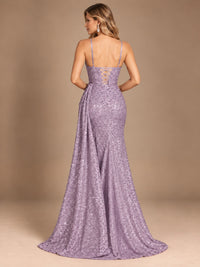 Burgundy Sequin Corset Prom Dress with High Slit