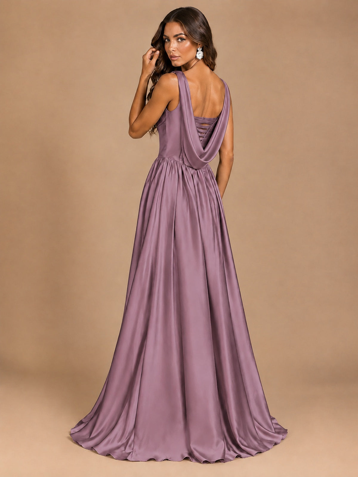 Cowl Neck Pleated Satin Prom Dress with Pockets & Slit Maxi Formal Gowns