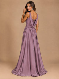 Cowl Neck Pleated Satin Prom Dress with Pockets & Slit Maxi Formal Gowns