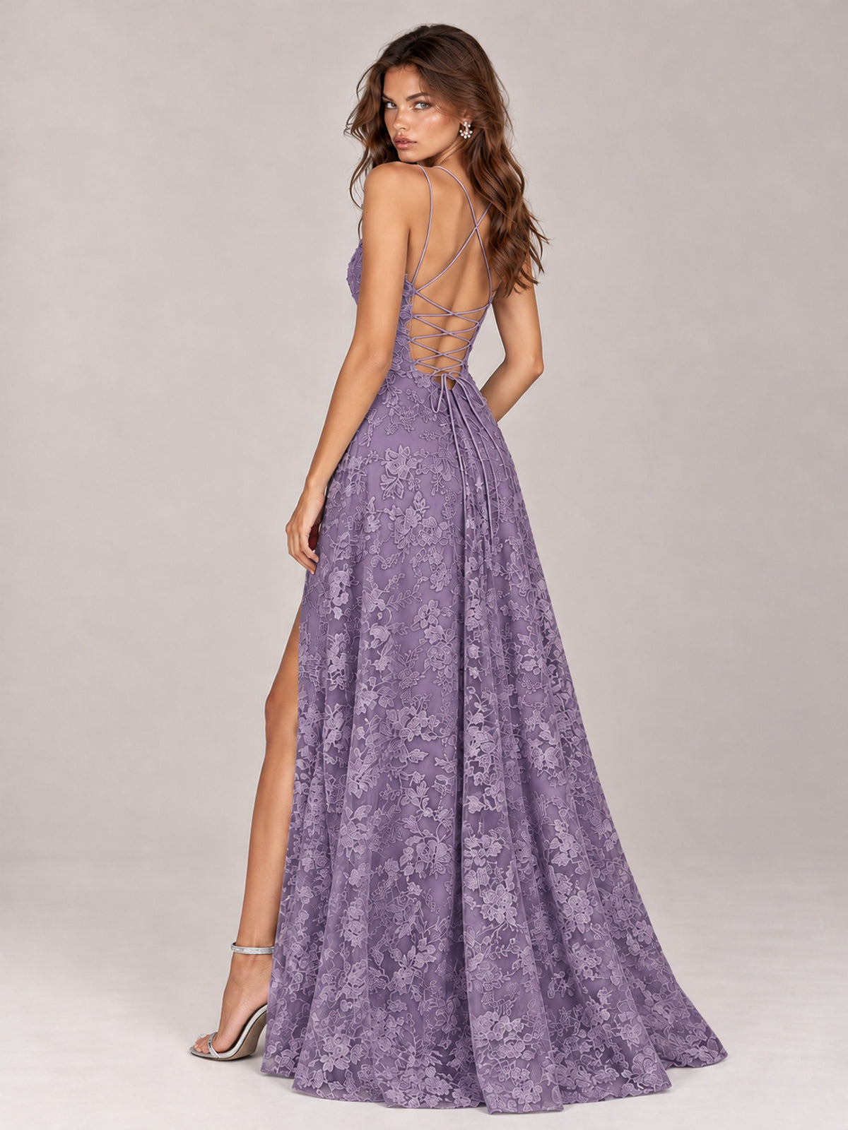 Floral Lace A-Line Prom Dress with Spaghetti Straps & High Slit