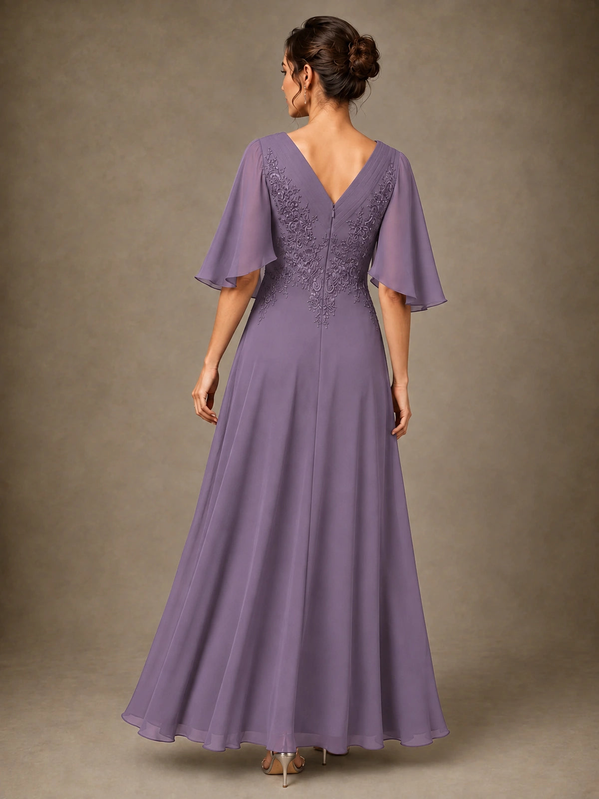 V-Neck Chiffon Lace Mother of the Bride Dress with Flutter Sleeves