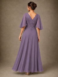 V-Neck Chiffon Lace Mother of the Bride Dress with Flutter Sleeves