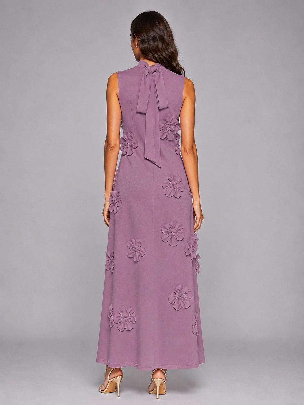 3D Floral Applique High Neck Prom Maxi Dress