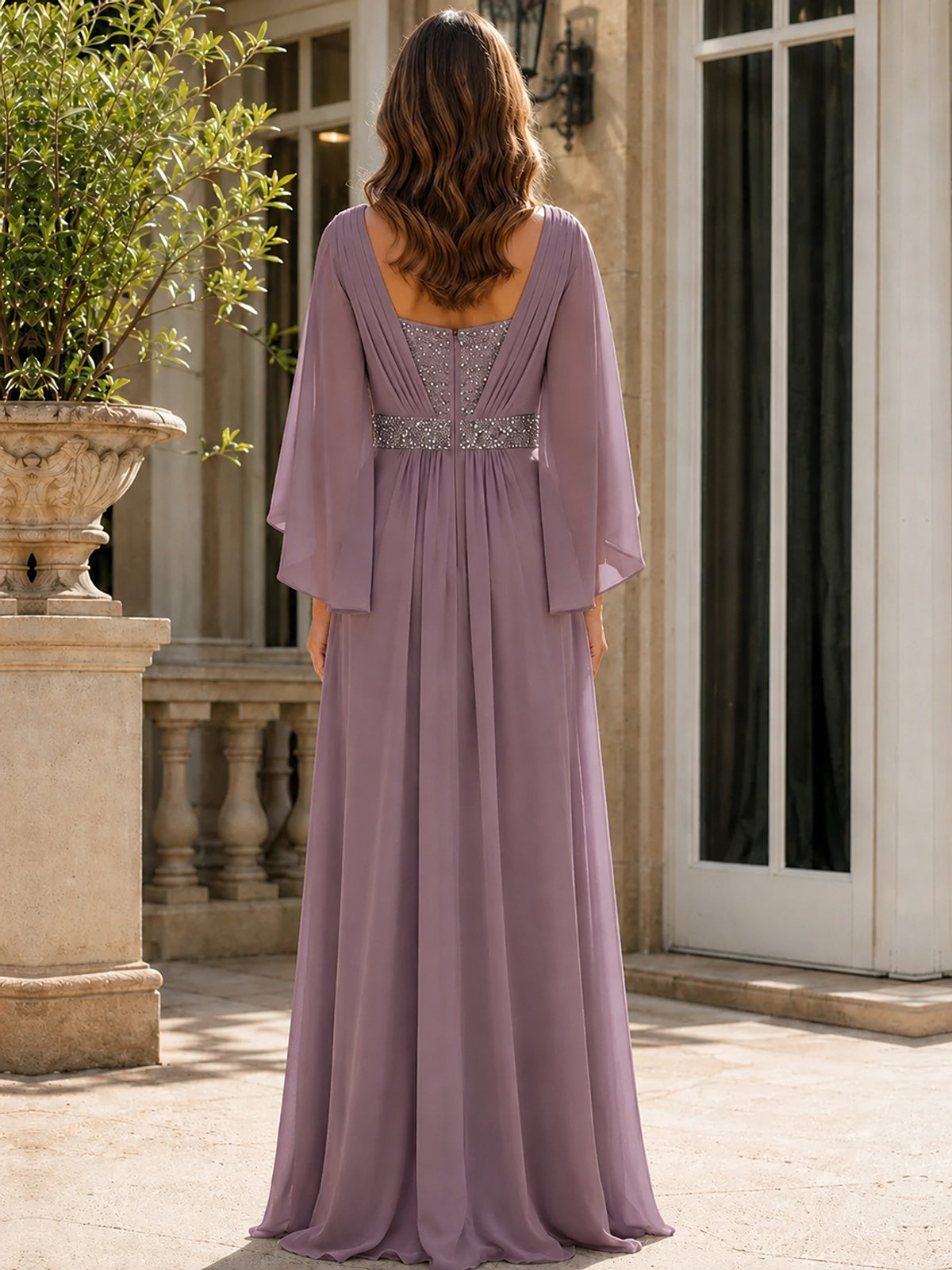 Elegant V-Neck Sequined Chiffon Mother of the Bride Dress with Flutter Sleeves