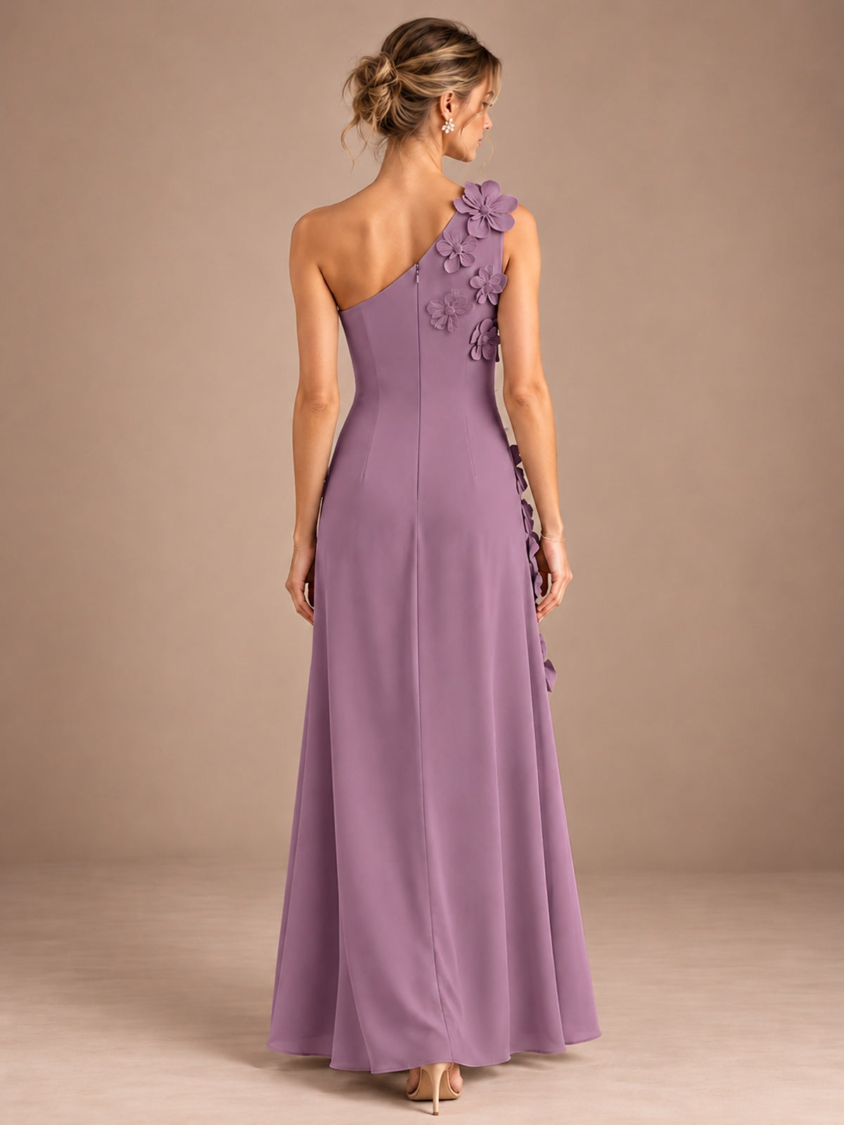 Sage Green One Shoulder Satin Formal Maxi Dress with 3D Floral