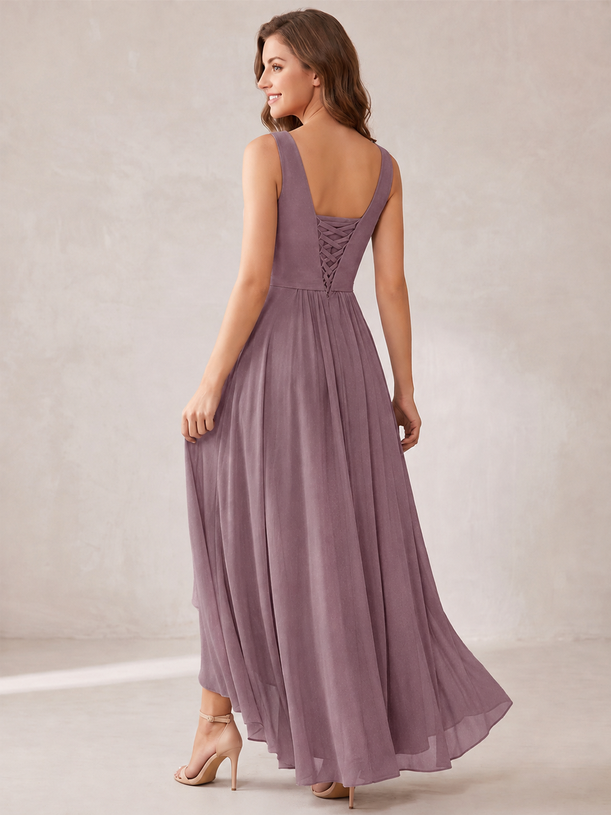 V-Neck High-Low Chiffon Bridesmaid Dress with Ruffles