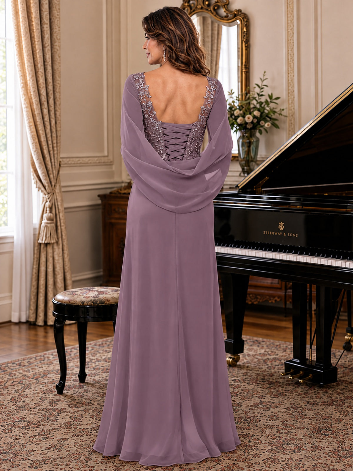 Elegant Applique Chiffon Mother of the Bride Dress with Cape Sleeves