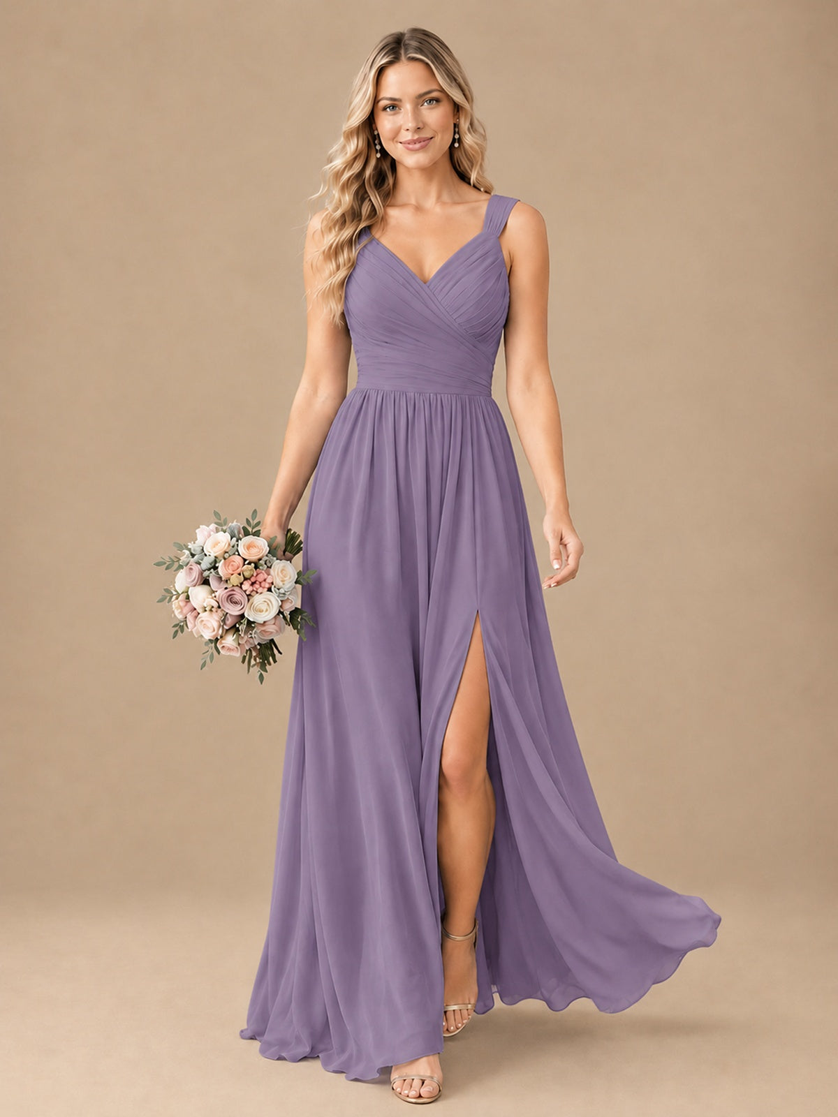 Pleated Chiffon V Neck Wedding Bridesmaid Dresses Floor Length with Slit