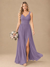 Pleated Chiffon V Neck Wedding Bridesmaid Dresses Floor Length with Slit