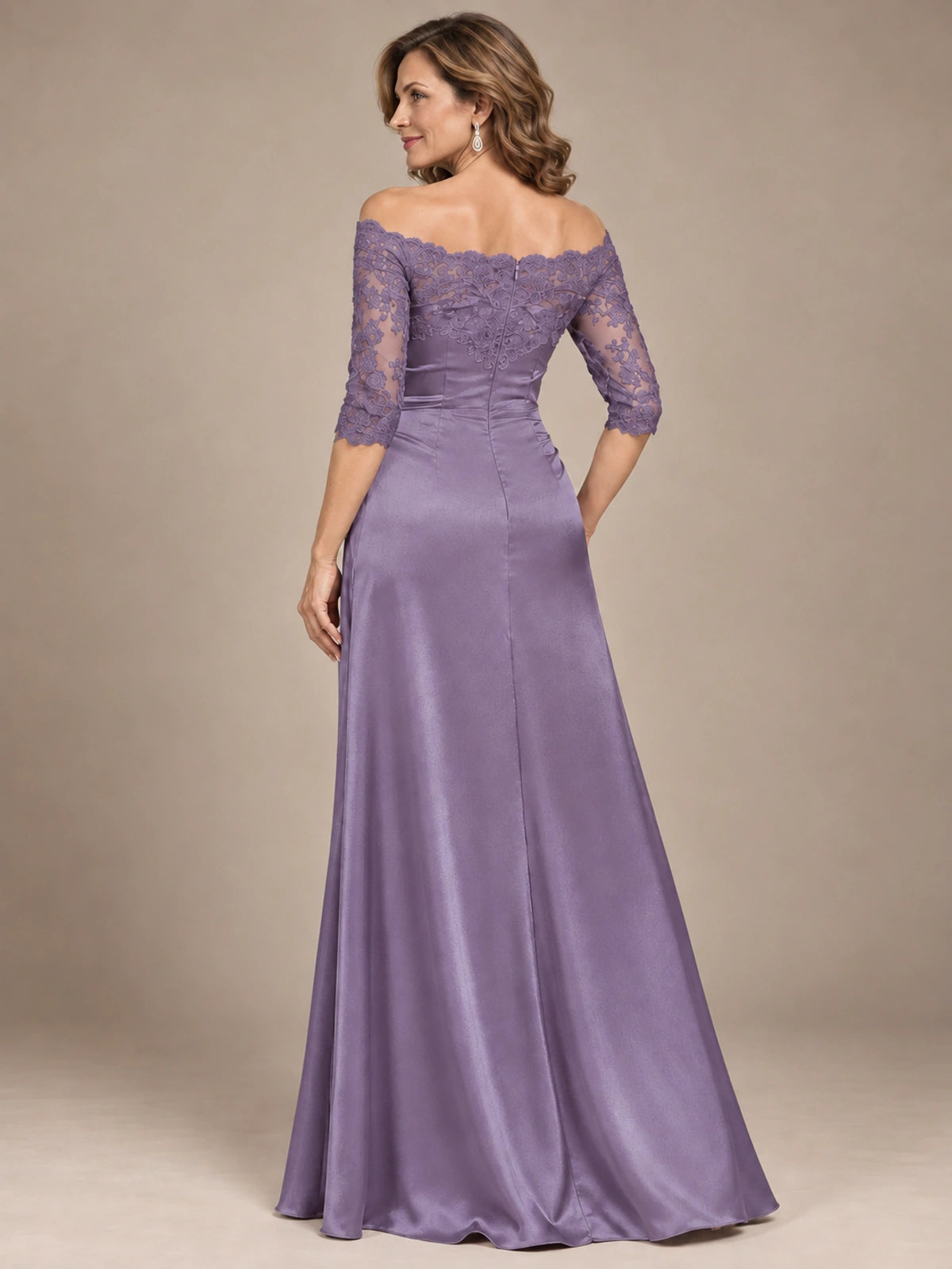 Satin Mother of the Bride Dress with Lace Sleeves Off Shoulder Formal Gown