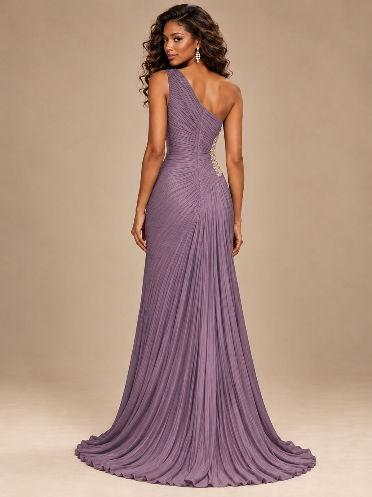 Burgundy One Shoulder Ruched Prom Dress with High Slit & Beaded Waist