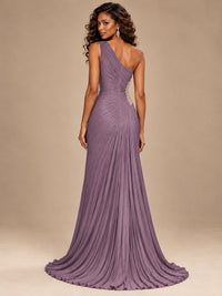 Burgundy One Shoulder Ruched Prom Dress with High Slit & Beaded Waist