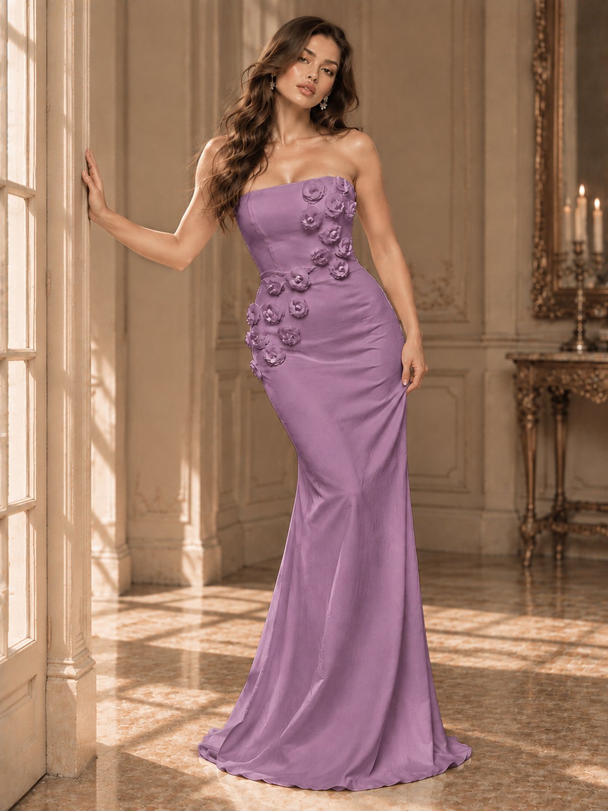White Strapless Mermaid Maxi Dress with 3D Floral Appliques