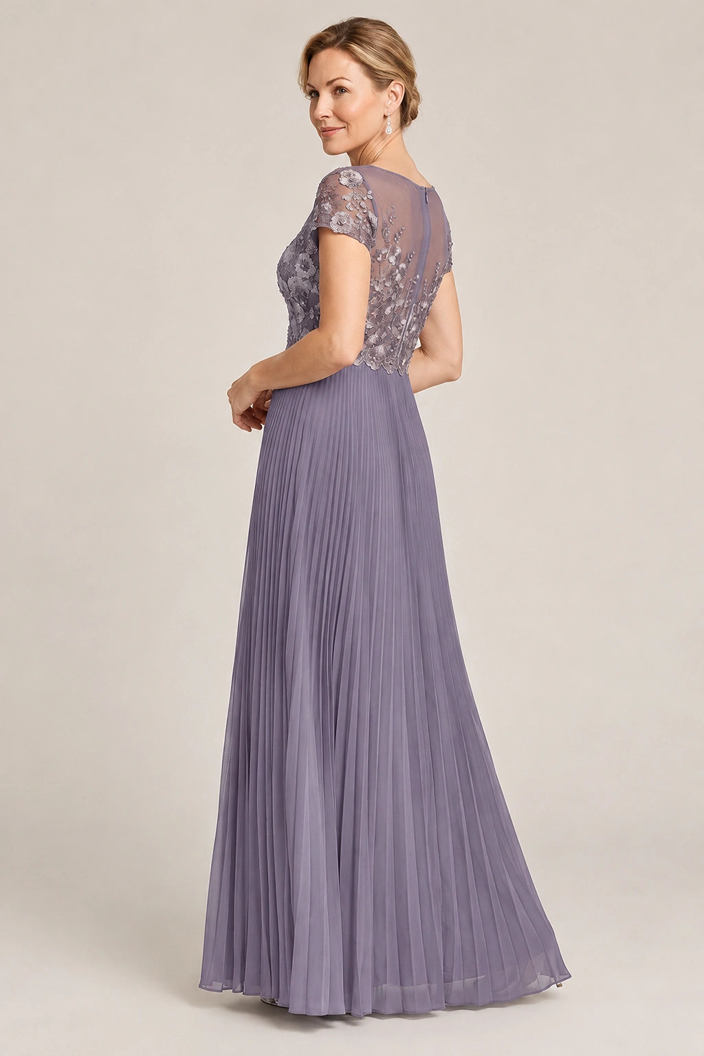 Embroidered Lace Pleated Mother of the Bride Dress