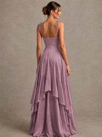 Lavender Satin V-Neck Ruffle Maxi Dress