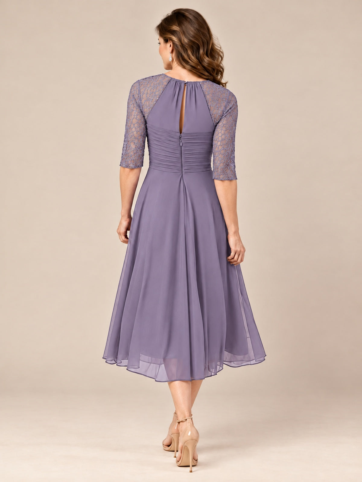 Tea-Length Mother of the Bride Dress with Lace 3/4 Sleeves