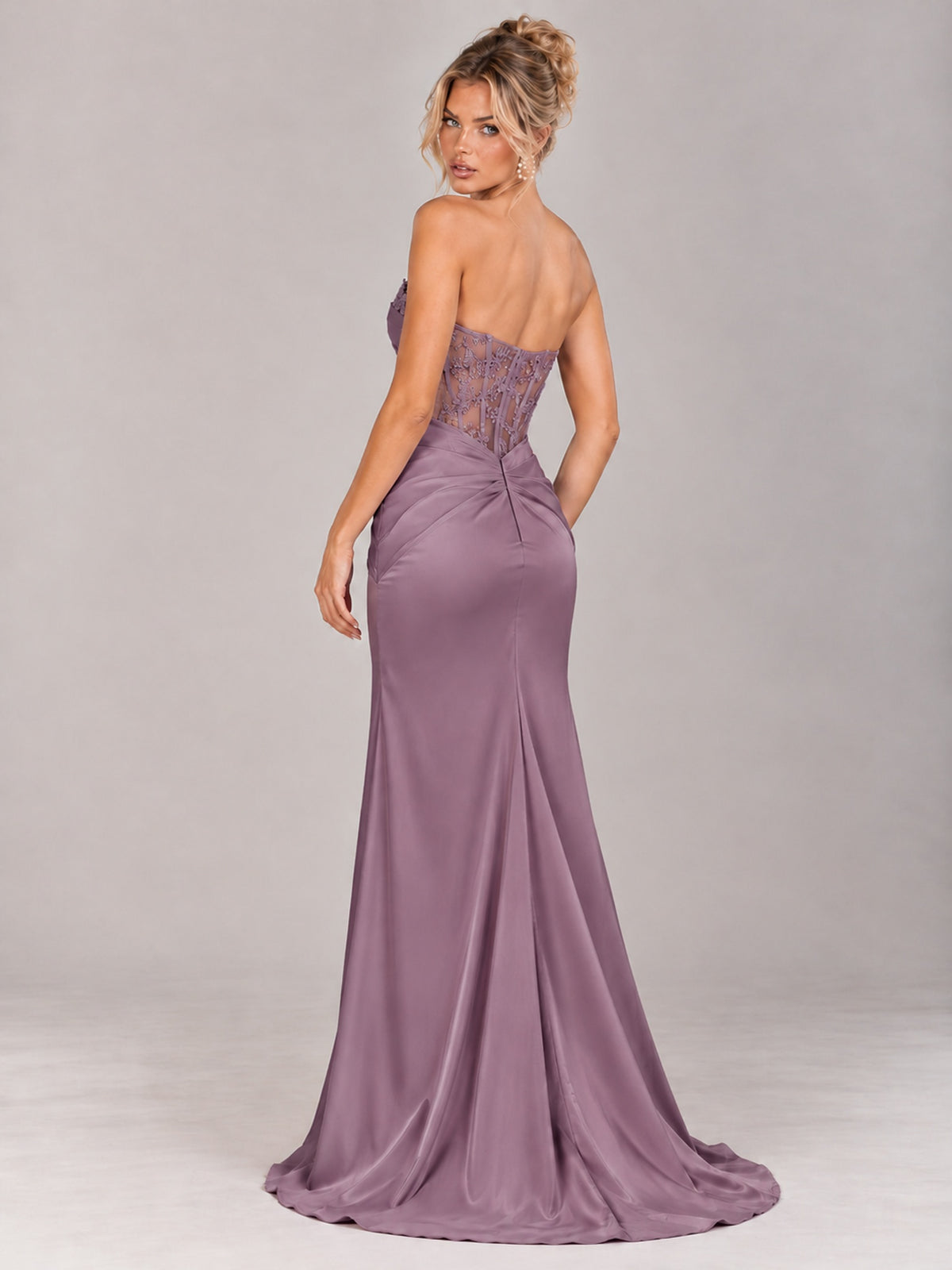 Strapless Satin Prom Dress with Sheer Lace Corset & High Slit