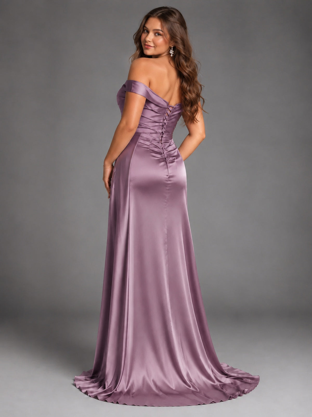 Off Shoulder Satin Maxi Dress with Slit