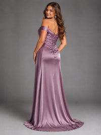Off Shoulder Satin Maxi Dress with Slit