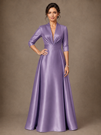 V-Neck Pleated Satin Mother of the Bride Gown with 3/4 Sleeves