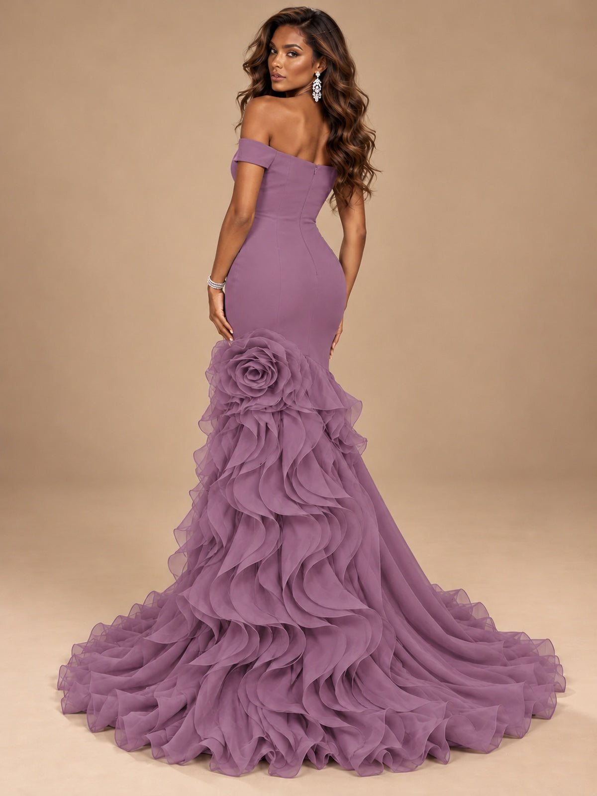 Dusty Blue Off-the-Shoulder Mermaid Prom Dress with 3D Rose & Ruffles