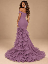 Dusty Blue Off-the-Shoulder Mermaid Prom Dress with 3D Rose & Ruffles