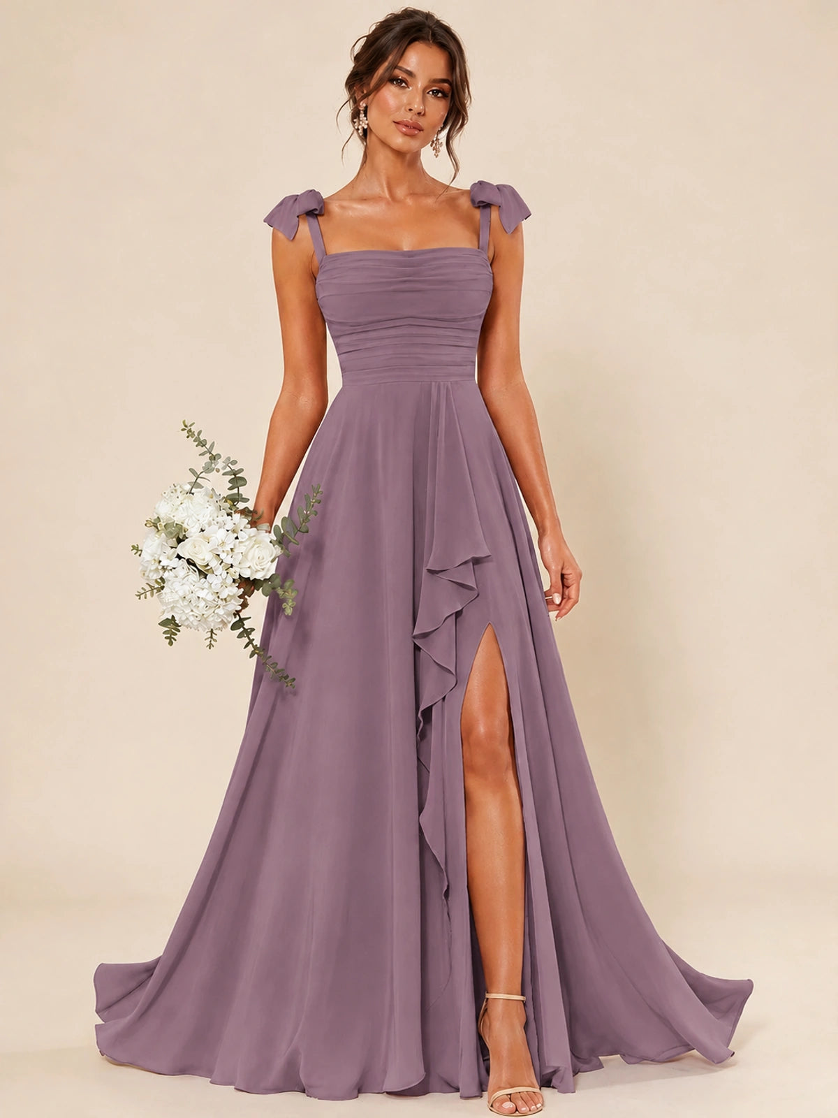 Ruffle Slit Chiffon A Line Scoop Neck Bridesmaid Dresses with Pockets