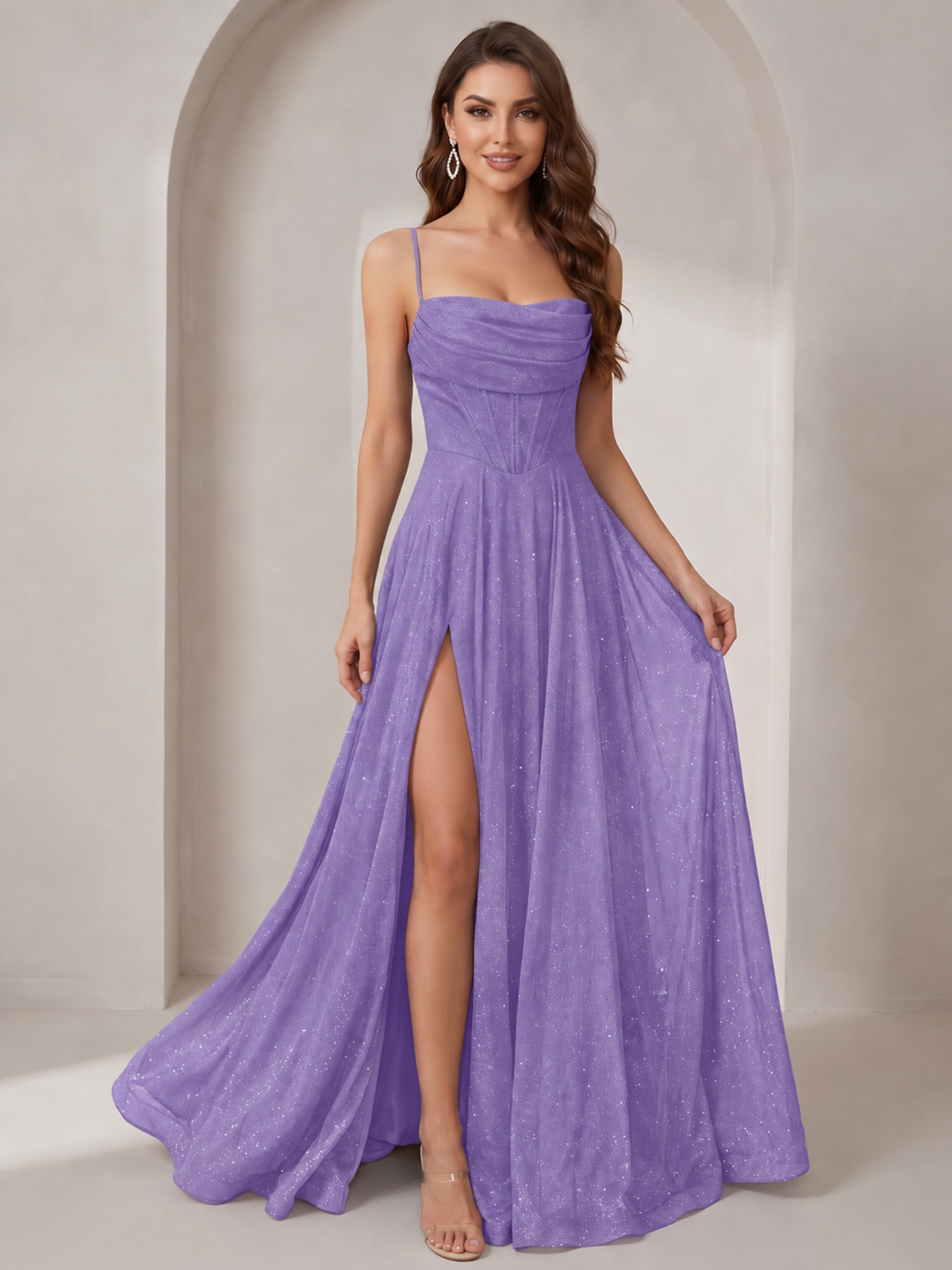 Sparkly Cowl Neck Corset Long Prom Dress with Slit A-line Tulle Ball Gown