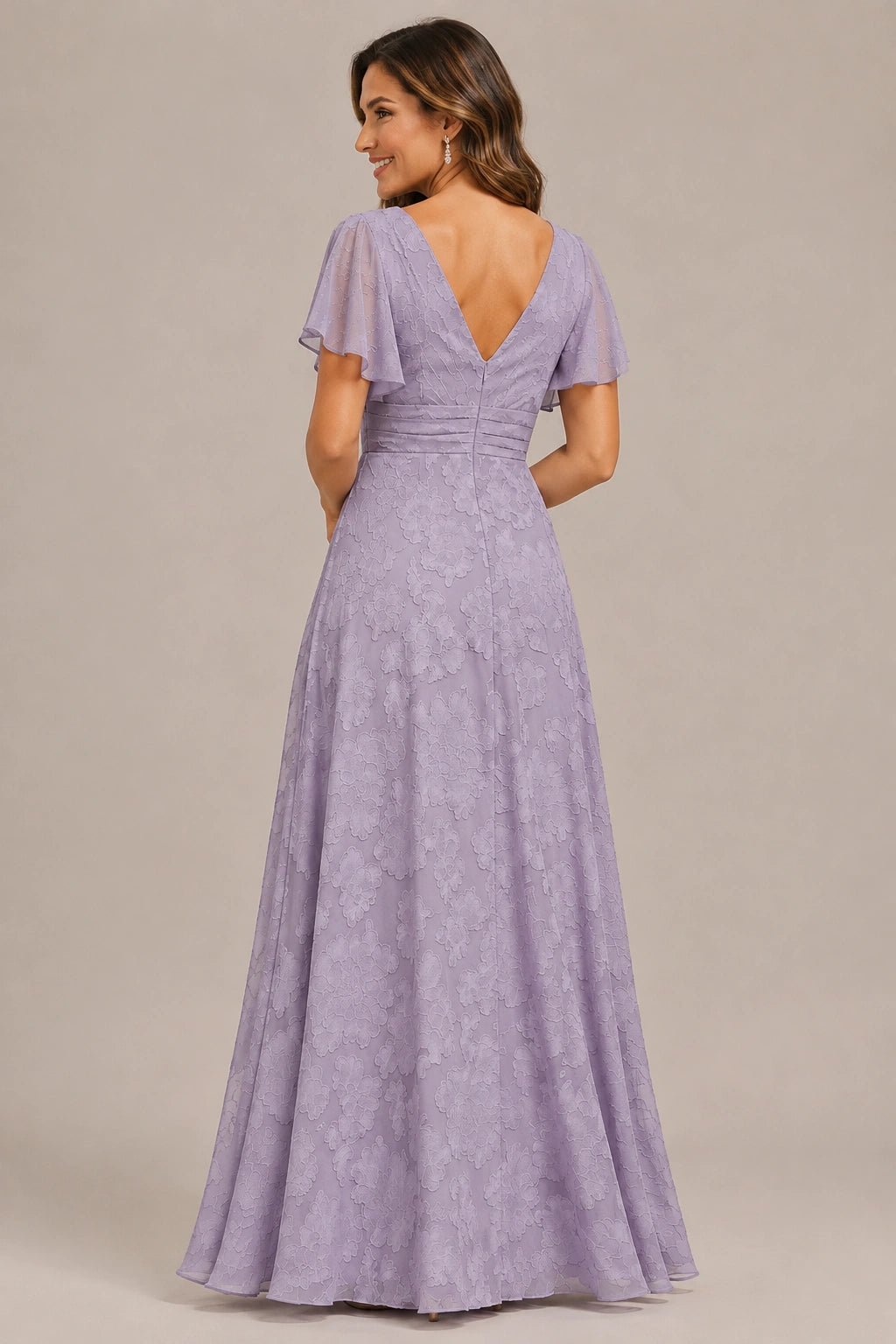 Jovellee Floral Chiffon A-Line Mother of the Bride Dress with Flutter Sleeves
