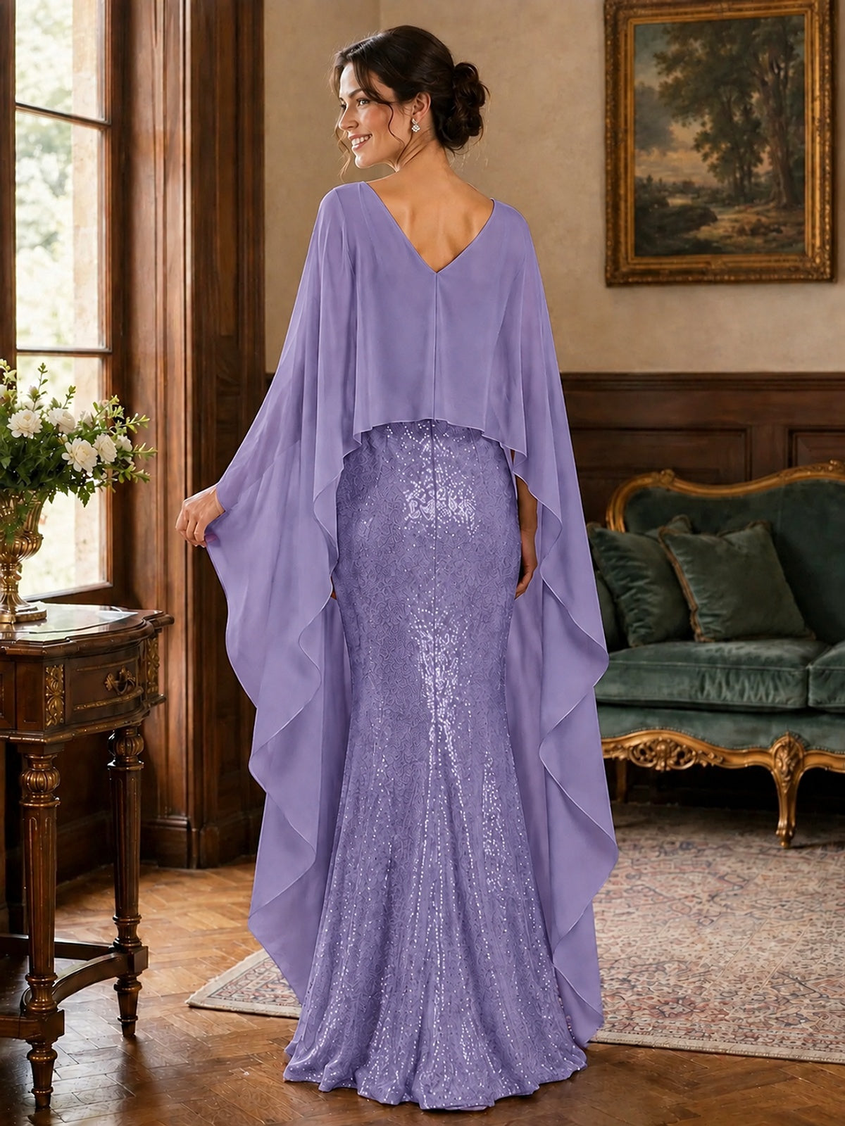 Sequin 2 Pieces Mother of the Bride Dress with Cap Sleeves Chiffon Formal Gowns