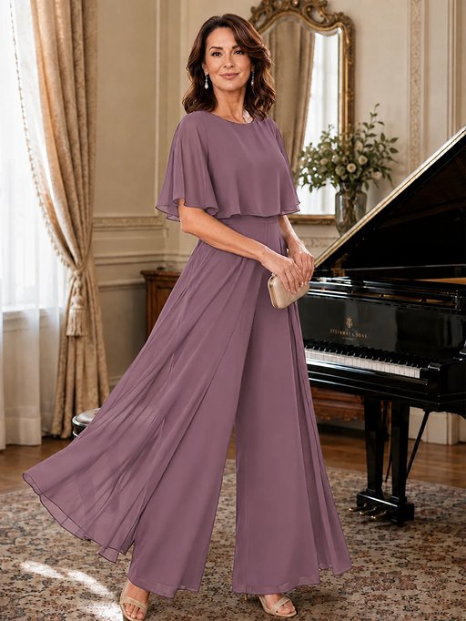Chiffon Mother of the Bride Jumpsuit with Layered Cape Sleeves