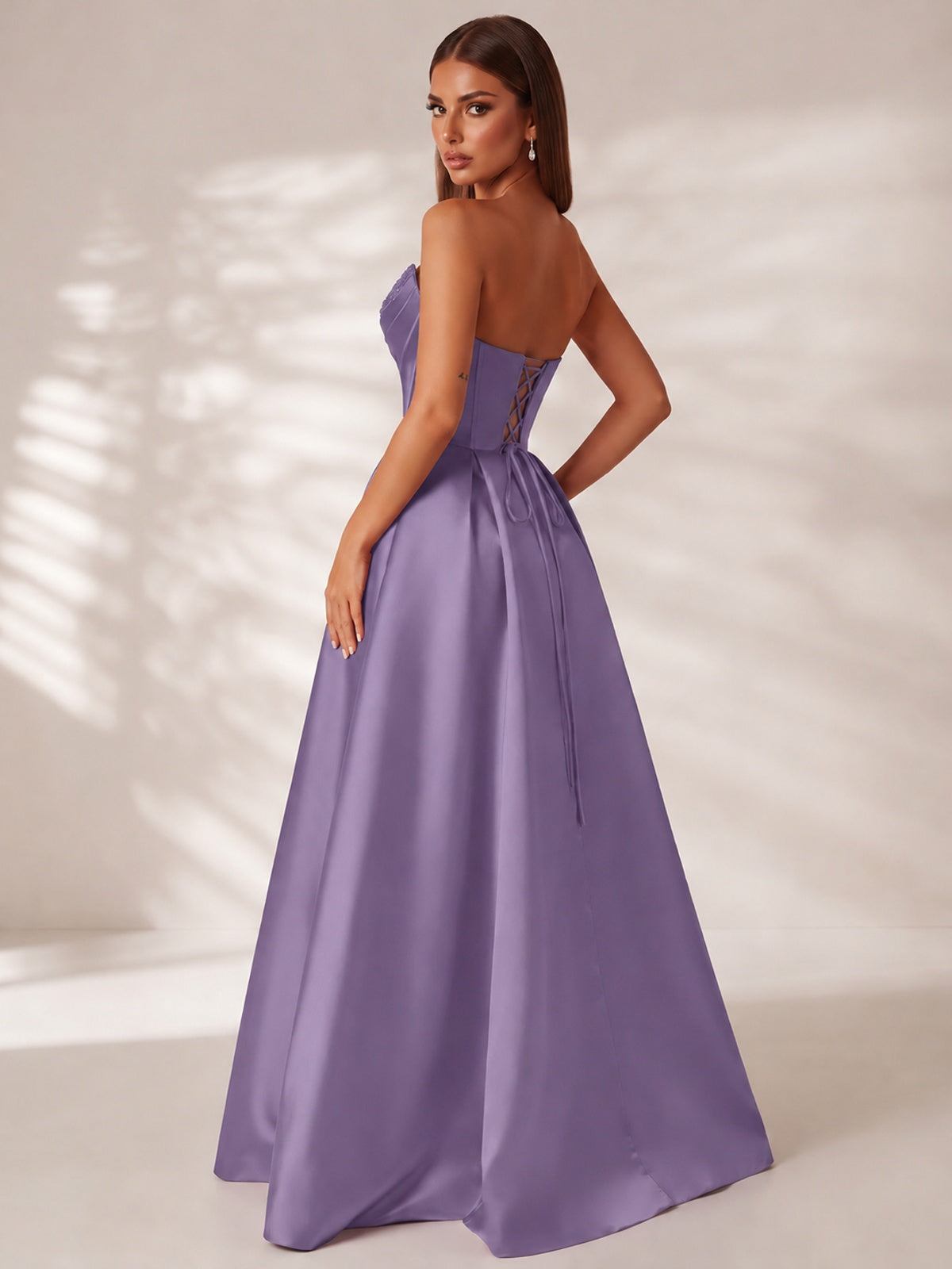 Strapless Corset Satin Prom Dress Long Evening Gown with High Slit
