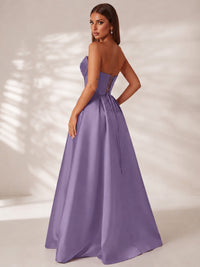 Strapless Corset Satin Prom Dress Long Evening Gown with High Slit