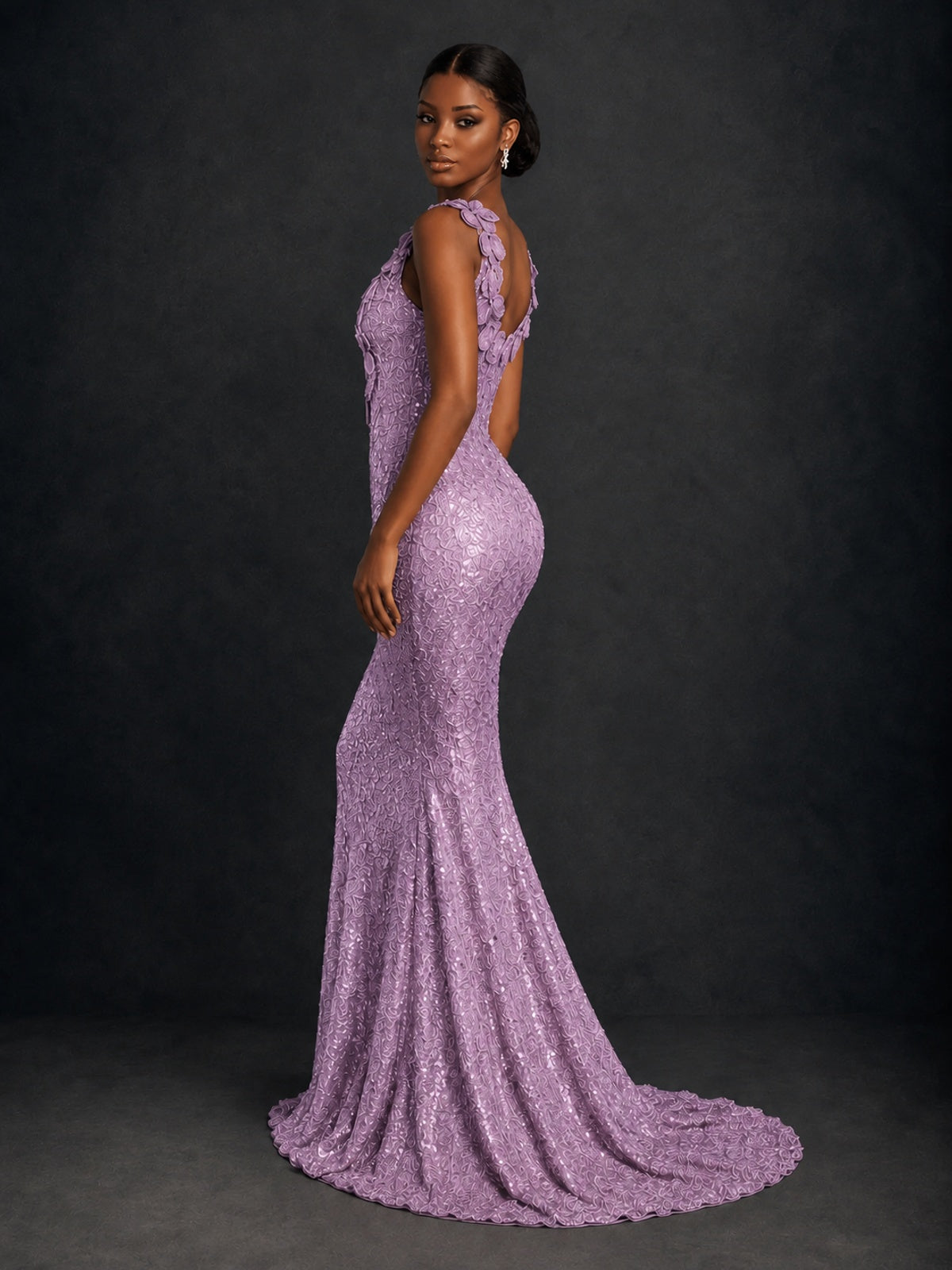 Gold Sequin Floral Applique Mermaid Prom Dress