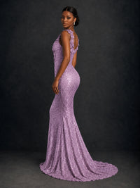 Gold Sequin Floral Applique Mermaid Prom Dress