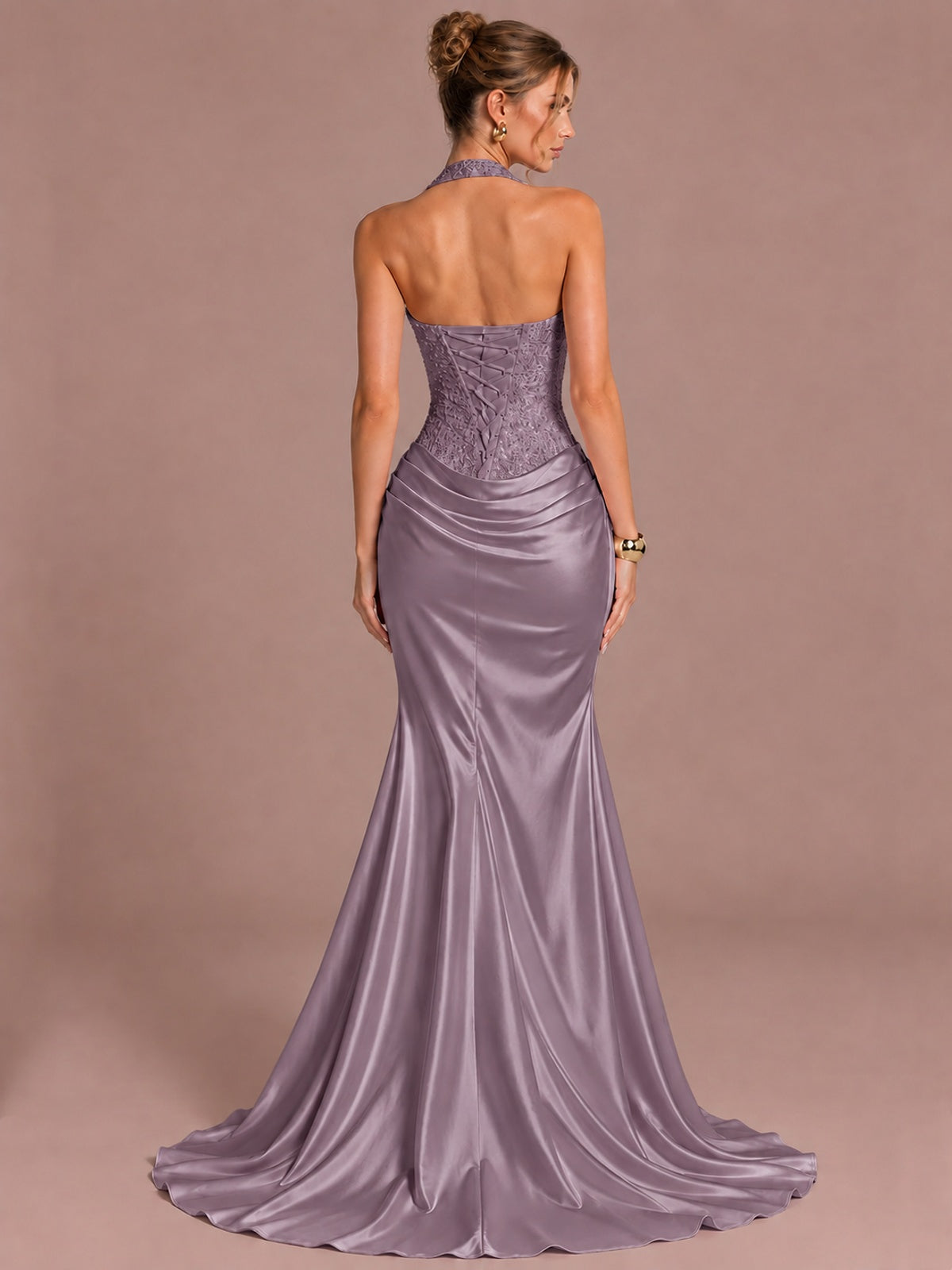 Sparkling Halter Corset Satin Mermaid Prom Dress