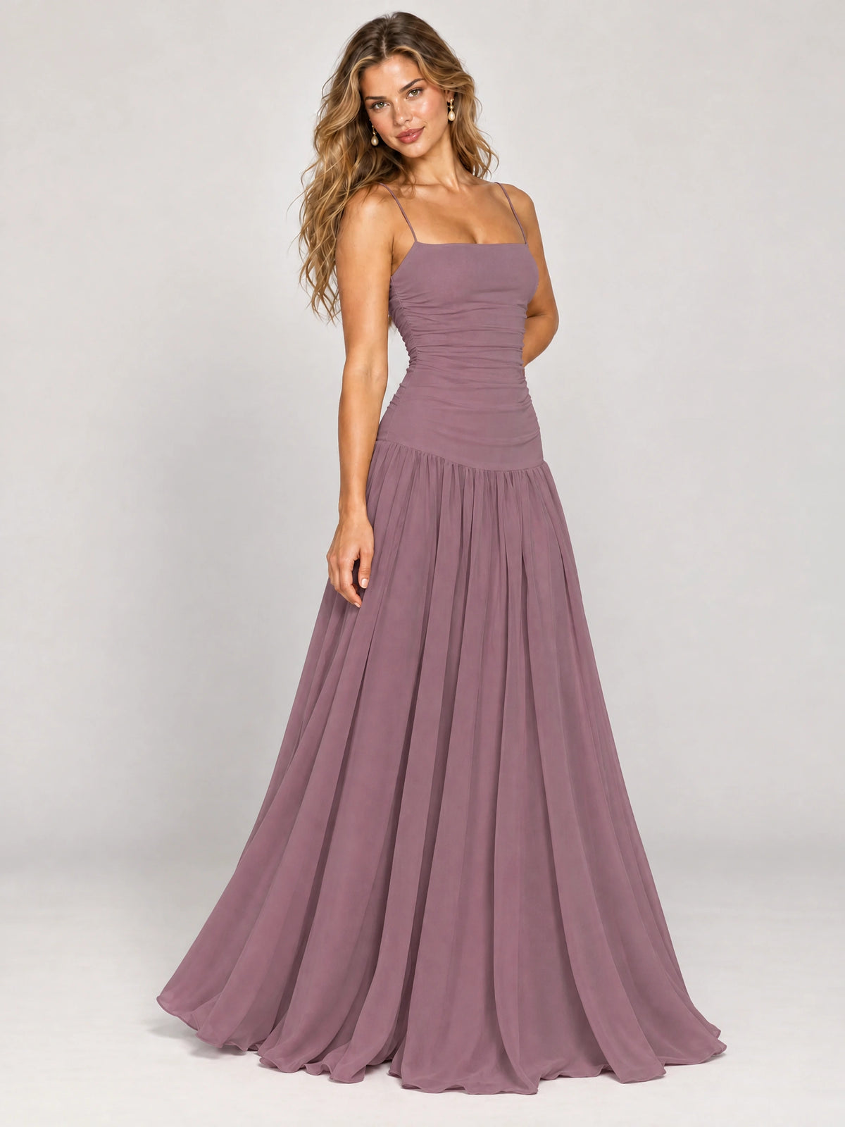 Butter Yellow Ruched Spaghetti Strap Drop-Waist Prom Dress