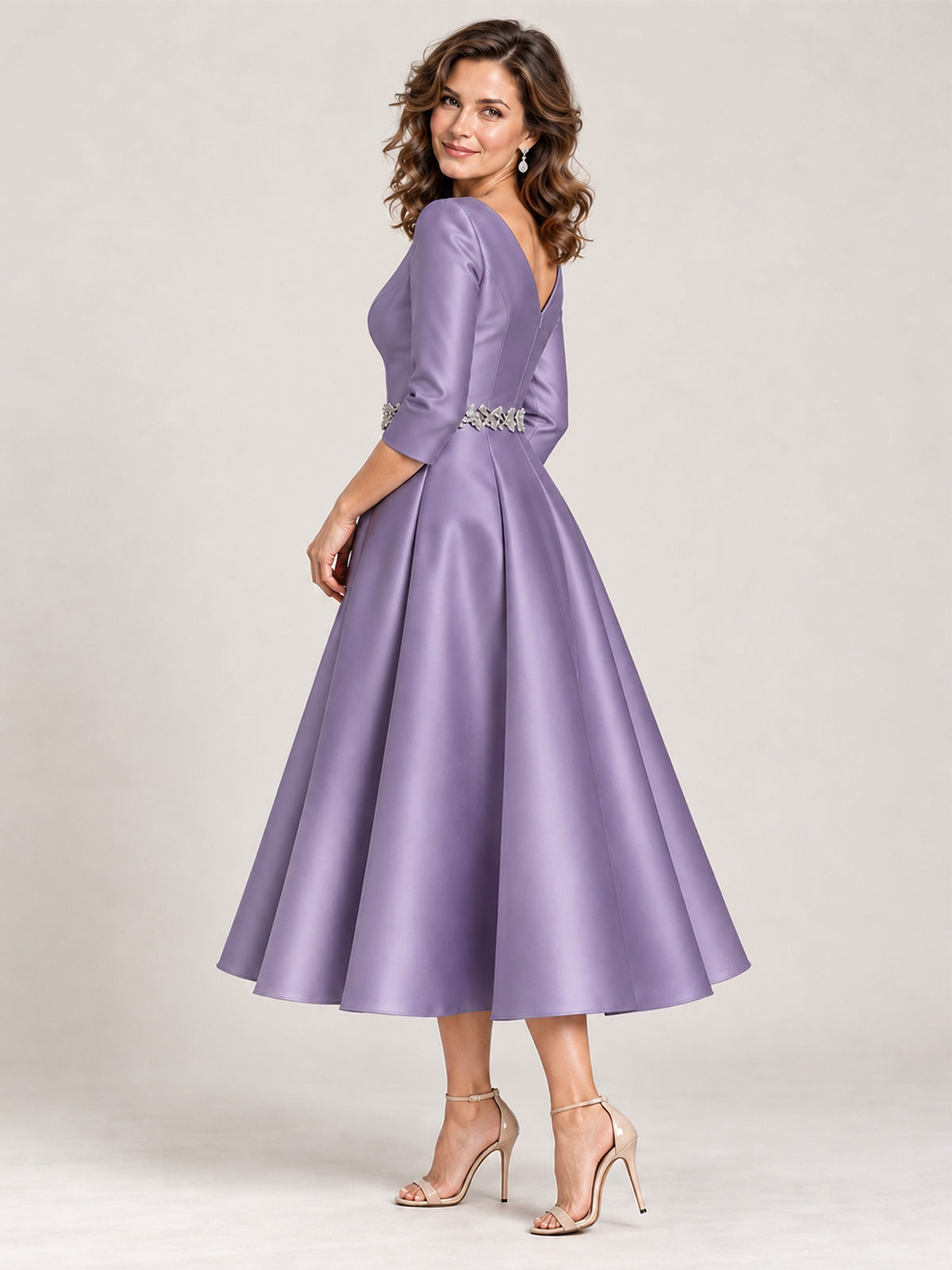 V-Neck Tea-Length Mother of the Bride Dress with Embellished Waist