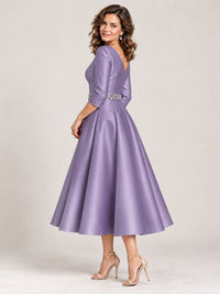 V-Neck Tea-Length Mother of the Bride Dress with Embellished Waist